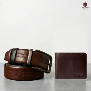 Embossed Pattern Moving Belt & Reddish Brown Mini Wallet Combo